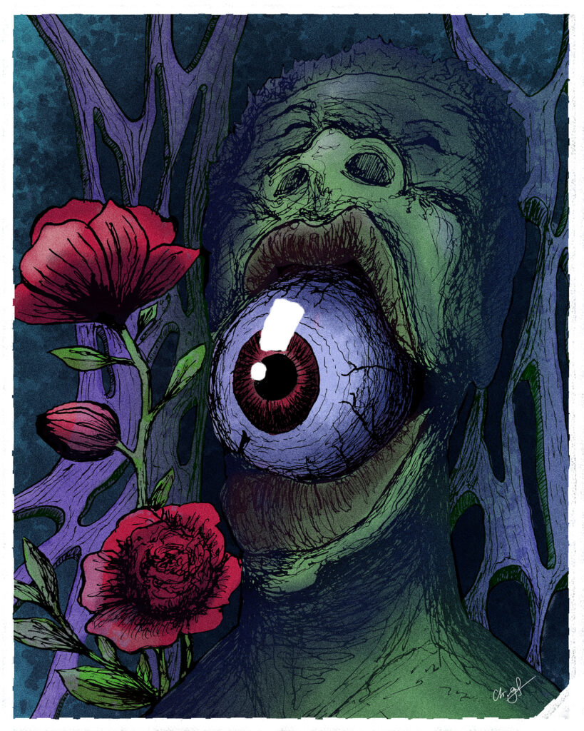 Illustration: Tuschezeichnung coloriert: Ein Aage das aus einem Mund kommt, Blumen als Akzent. (c) Chris Gräf, chs.grf